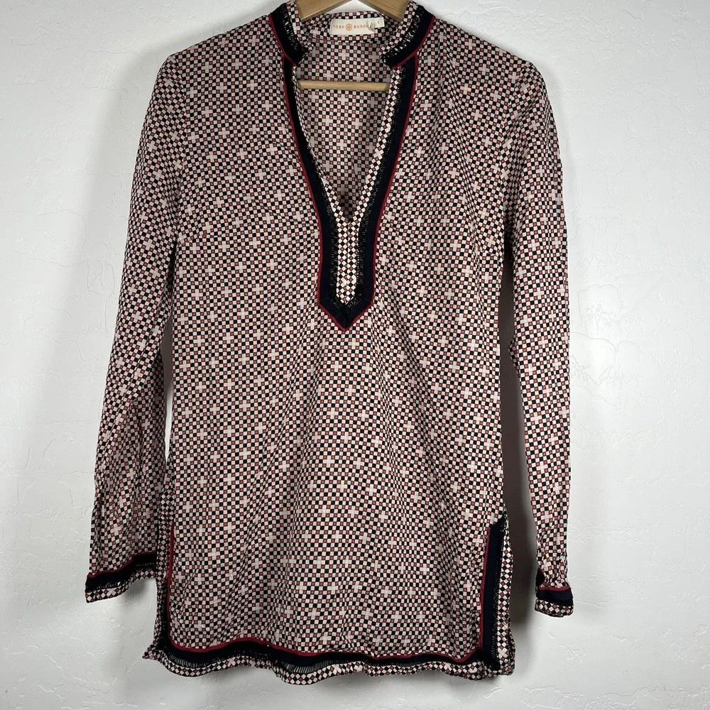 Tory Burch Womens Multicolor Cotton V-Neck Geometric Print Pullover Tunic Top 6